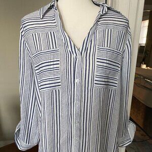 Fortune + Ivy Blue-and-White-Striped 3/4 Length Button-Down Shirt | Size L